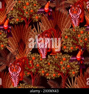 Seamless kids pattern with jungle trees and animals. Vector. Stock Vector