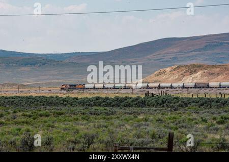 A locomotive and its train rumble past Fossil Butte National Monument ...