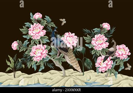 Mural with Chinese peonies and peacocks. Vector. Stock Vector