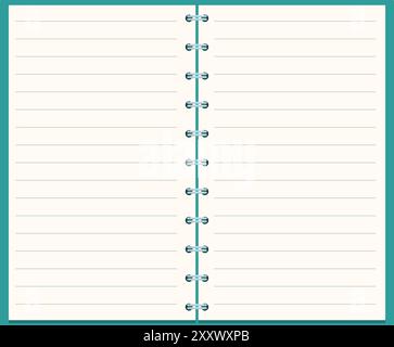 Open spiral notebook showing blank lined pages for taking notes, organizing, scheduling, or journaling Stock Vector