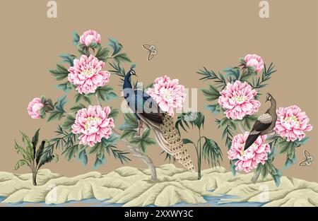 Mural with Chinese peonies and peacocks. Vector. Stock Vector
