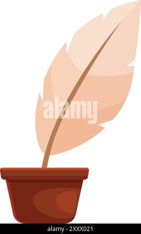 Single feather pen standing upright in a terracotta flower pot, symbolizing creativity and the art of writing Stock Vector