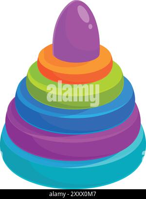 Colorful toy pyramid, made of stacking rings in different colors, is standing on a white background Stock Vector