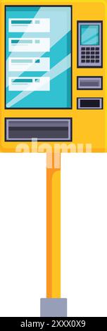 Yellow vending machine standing on a pole, offering a variety of snacks and drinks Stock Vector