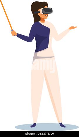 Teacher is wearing a vr headset and holding a pointer, presenting a virtual reality lesson Stock Vector