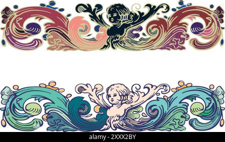 Vintage retro floral calligraphic art decorative elements sketch set with flowers and cherub isolated vector illustration Stock Vector