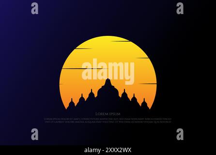 Simple Minimalist Sunrise Sunset Borobudur Temple Statue Logo Design Vector Stock Vector