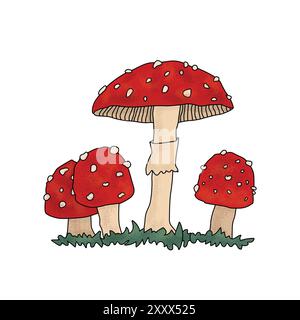 A vector illustration featuring four stylized cartoon outline fly agaric mushrooms Amanita muscaria. The mushrooms are depicted with vibrant red caps Stock Vector