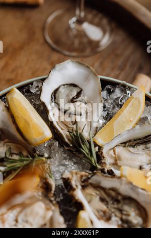 Fresh oysters on ice served with lemon wedges and rosemary, perfect for gourmet seafood lovers Stock Photo