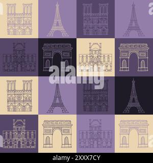 Pattern Paris geometric. Seamless abstract vintage background with architecture symbols of Paris city like Eiffel Tower and Notre Dame de Paris for pr Stock Vector
