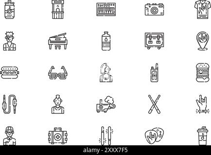 Music festival icons collection is a vector illustration with editable stroke. Stock Vector