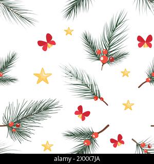 Seamless pattern of fir branches, bows with bells, gold stars on a white background - vector illustration Stock Vector