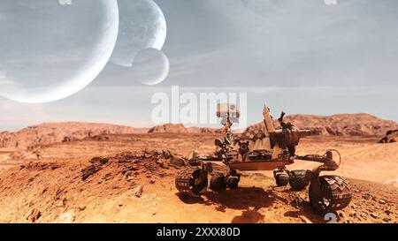 Curiosity Mars Rover exploring the surface of red planet. Elements of this image furnished by NASA. Stock Photo