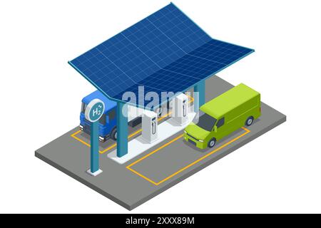 Isometric Hydrogen fuel powered transport. Hydrogen fuel car charging station with dispensers for H2 vehicles. Green energy. Hydrogen Station Stock Vector