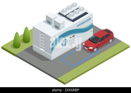 Isometric Hydrogen fuel powered transport. Hydrogen fuel car charging station with dispensers for H2 vehicles. Green energy. Hydrogen Station Stock Vector