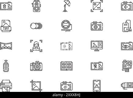 Photography icons collection is a vector illustration with editable stroke. Stock Vector