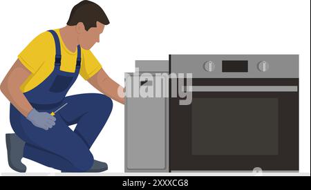 Professional repairman fixing an electric oven, professional service, isolated on white background Stock Vector