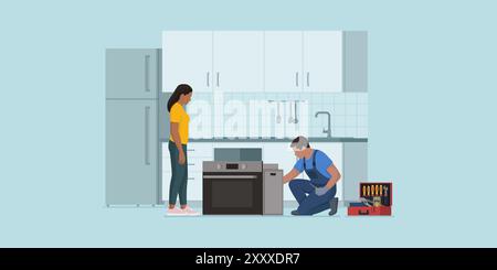 Professional repairman fixing and installing and electric oven in the kitchen, the customer is staring at him Stock Vector