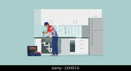 Professional plumber installing a faucet and fixing a kitchen sink drain, professional plumbing service Stock Vector