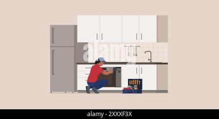 Professional repairwoman at work, she is fixing an electric oven, professional repair service concept Stock Vector