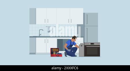 Professional repairman fixing and installing and electric oven in the kitchen, repair service concept Stock Vector