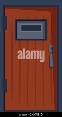 Brown wooden door with a glass panel is closing, providing a sense of security and privacy Stock Vector