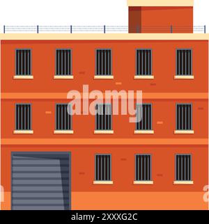 Large brick prison building featuring barred windows and razor wire is shown during the daytime Stock Vector