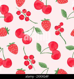 Strawberry, cherry and currant pattern. Seamless summer background with watercolor red berries Stock Vector