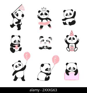 Cute panda big set. Vector illustration of little bears Stock Vector