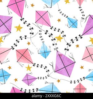 Colorful kites seamless pattern. Childish summer print. Vector watrcolor illustration Stock Vector