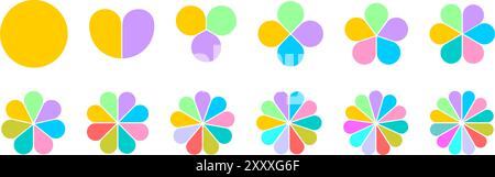 Set of flower diagrams divided on equal sections from 1 to 12. Floral pie charts with colorful leaves isolated on white background. Round-shaped templates for data presentation. Vector illustration. Stock Vector