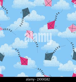 Flying kites seamless pattern. Childish summer print. Vector illustration Stock Vector
