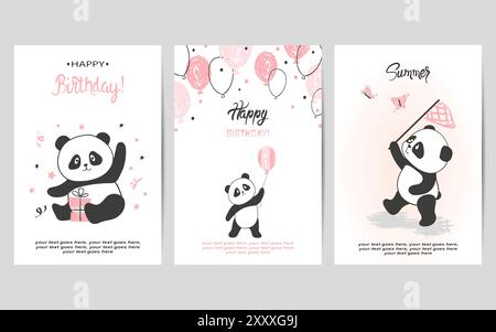 Set of Happy Birthday cards with cute panda bears. Vector illustration Stock Vector