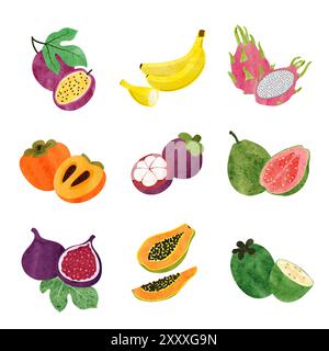 Tropical fruits big set. Vector watercolor illustration Stock Vector