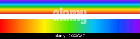 Visible light spectrum lines. Sunlight ultraviolet colors in horizontal and vertical arrangement. Multicolored wavelengths. Borders with colorful rainbow print. Vector graphic illustration. Stock Vector