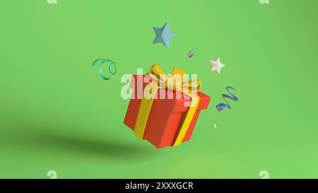 A red gift box tied with a yellow ribbon, surrounded by colorful stars and streamers, set against a vibrant green background. Ideal for festive and ce Stock Photo