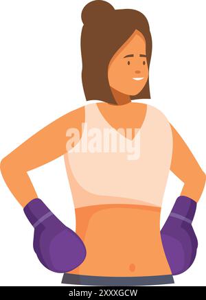 Young female boxer wearing boxing gloves is standing with her hands on her hips, ready for the fight Stock Vector