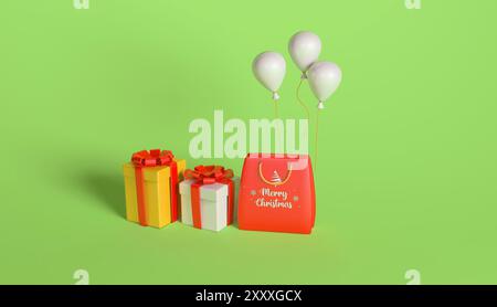 3D illustration of Christmas gift boxes and a festive bag with "Merry Christmas" text, accompanied by three white balloons on a bright green backgroun Stock Photo