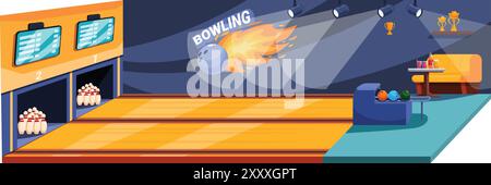 Bowling alley interior with ball on fire rushing to the pins, modern empty club for playing bowling cartoon style vector illustration Stock Vector