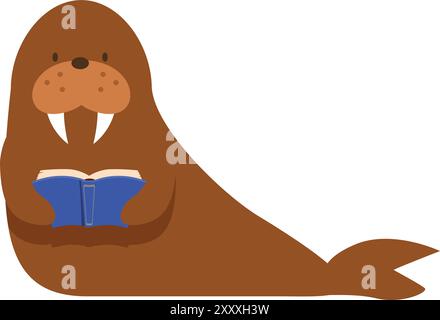 Cartoon walrus holding an open book, enjoying a good story Stock Vector