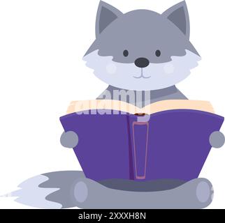 Smart grey wolf character is holding an open book, enjoying reading and studying Stock Vector
