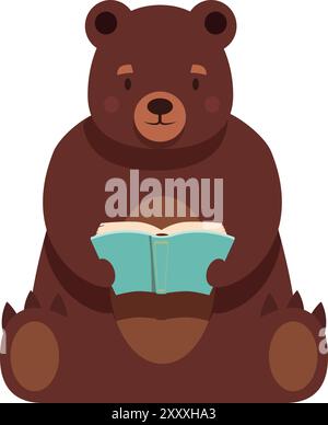 Friendly cartoon bear is holding an open book and reading Stock Vector