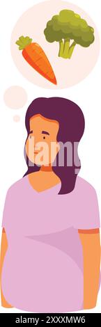 Pregnant woman making difficult choice between healthy food and fast food, thinking about eating carrot and broccoli Stock Vector