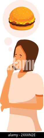 Young woman is thinking about eating a delicious hamburger Stock Vector