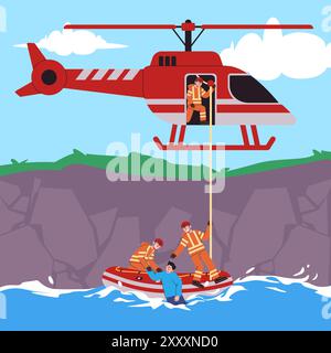 search and rescue team firefighter officer professional uniform job safety save savior occupation emergency help men people helicopter flood river Stock Vector