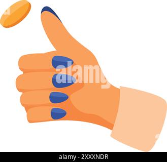 Woman's hand flipping a golden coin in the air, symbolizing decision making Stock Vector
