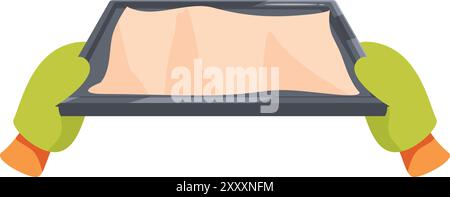 Hands wearing oven mitts holding a baking sheet lined with parchment paper Stock Vector