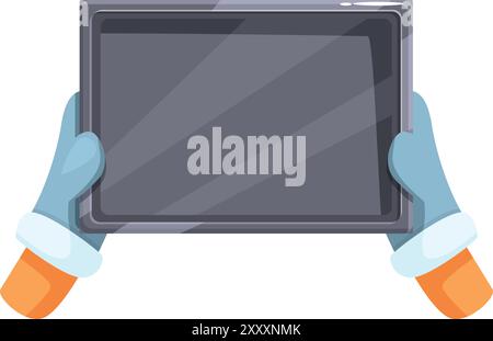 Baker holding an empty baking sheet wearing gloves, ready to bake delicious pastries Stock Vector