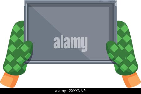 Baker wearing green oven mitts holding empty baking sheet Stock Vector