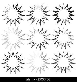 Starburst shape icon. Spiked vector star. Bold abstract element. Black and white pattern. Stock Vector